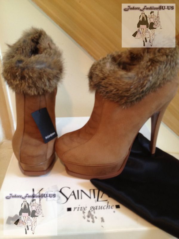 YSL Yves Saint Laurent Fur Tribute Platform Booties Boots Heels 36.5