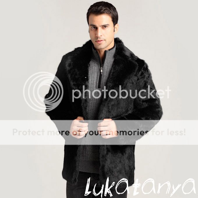 100% Real Genuine Mens Rabbit Fur with Raccoon Fur Collar Coat