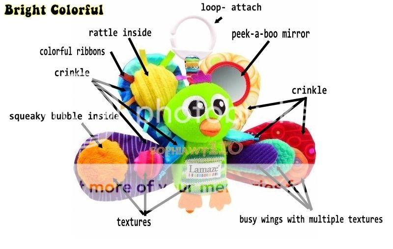 Infant Baby Kids Lamaze Peacock Rattle Crinkle Mirror Squeaky Plush Doll Toy 0M