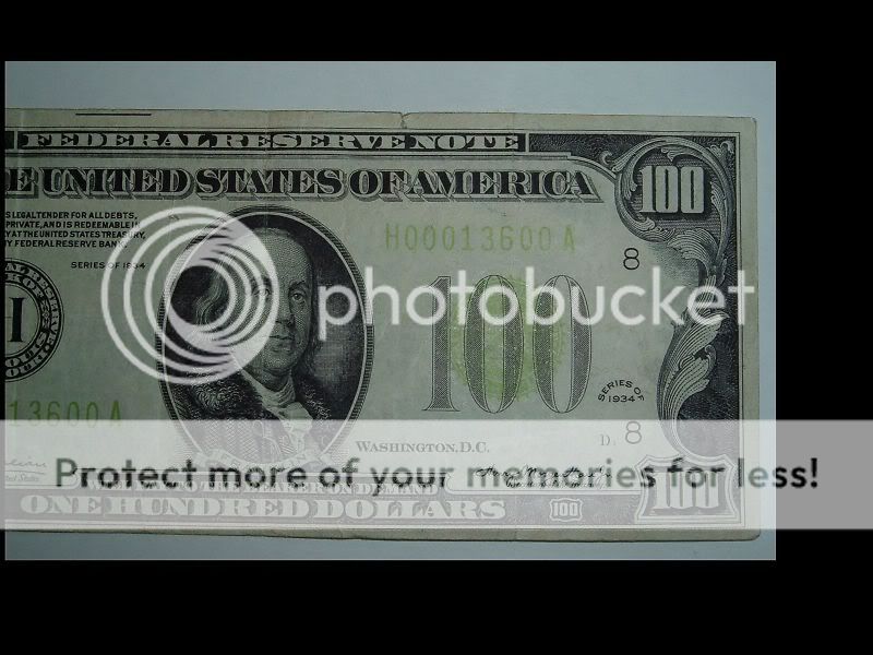   SERIAL NUMBER 1934 SERIES $ 100 DOLLAR FEDERAL RESERVE NOTE CURRENCY
