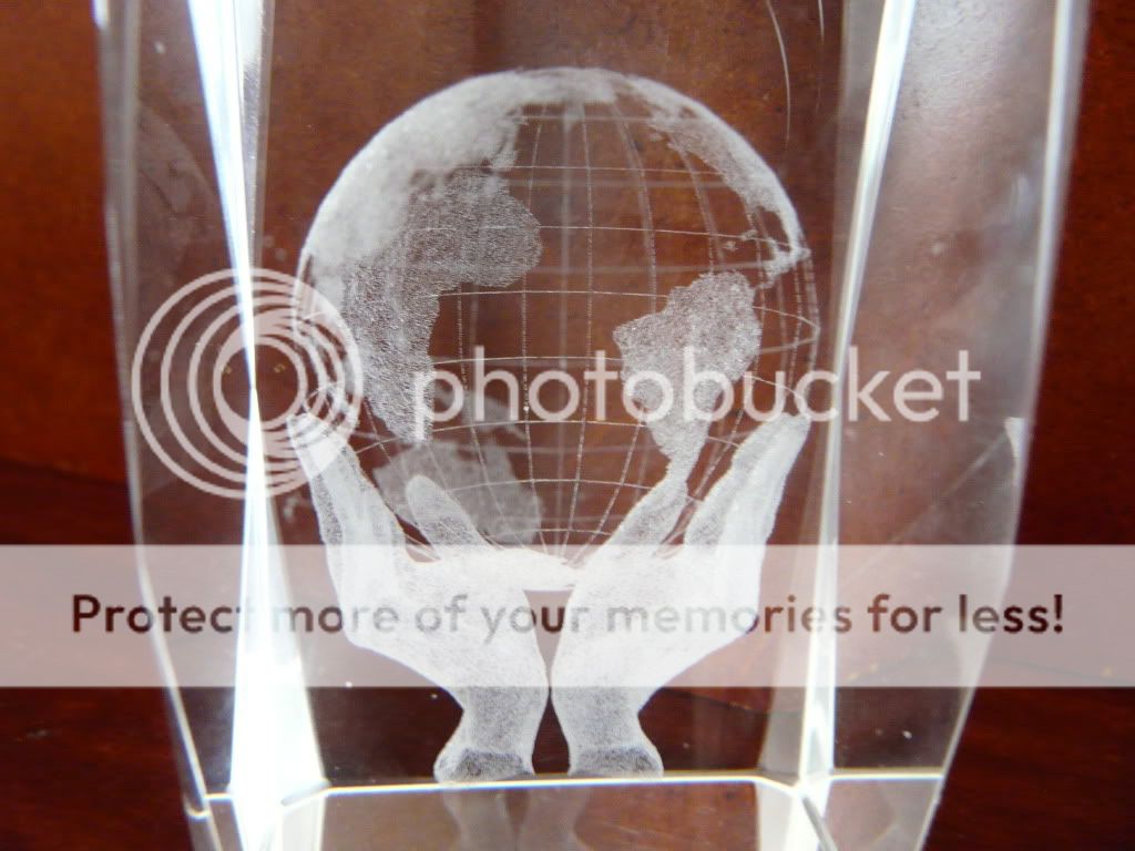 EARTH IN HANDS 3D LASER ENGRAVED CRYSTAL PAPERWEIGHT  