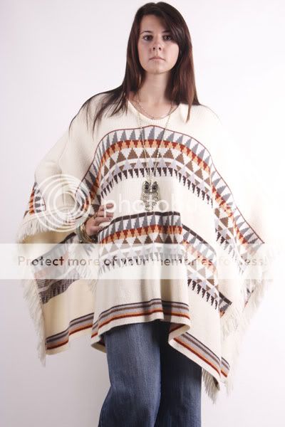   White Southwest HIPPIE Navajo Boho Blanket FRINGE CAPE Sweater COAT OS