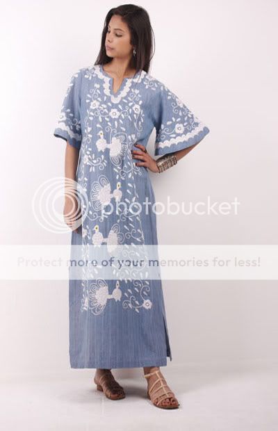   Peacock EMBROIDERED Boho MEXICAN Bell slv Caftan Maxi DRESS  