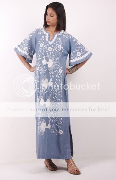   Peacock EMBROIDERED Boho MEXICAN Bell slv Caftan Maxi DRESS  